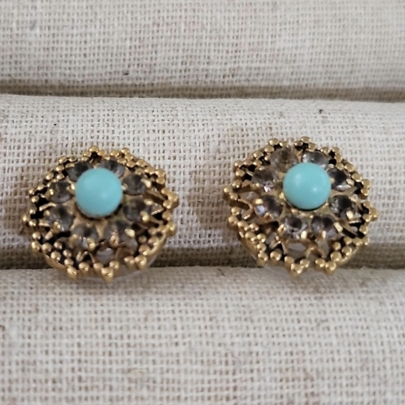 Stella & Dot Marchesa Earrings Large Art Deco Studs Torquoise & Gold Earrings - Picture 4 of 8